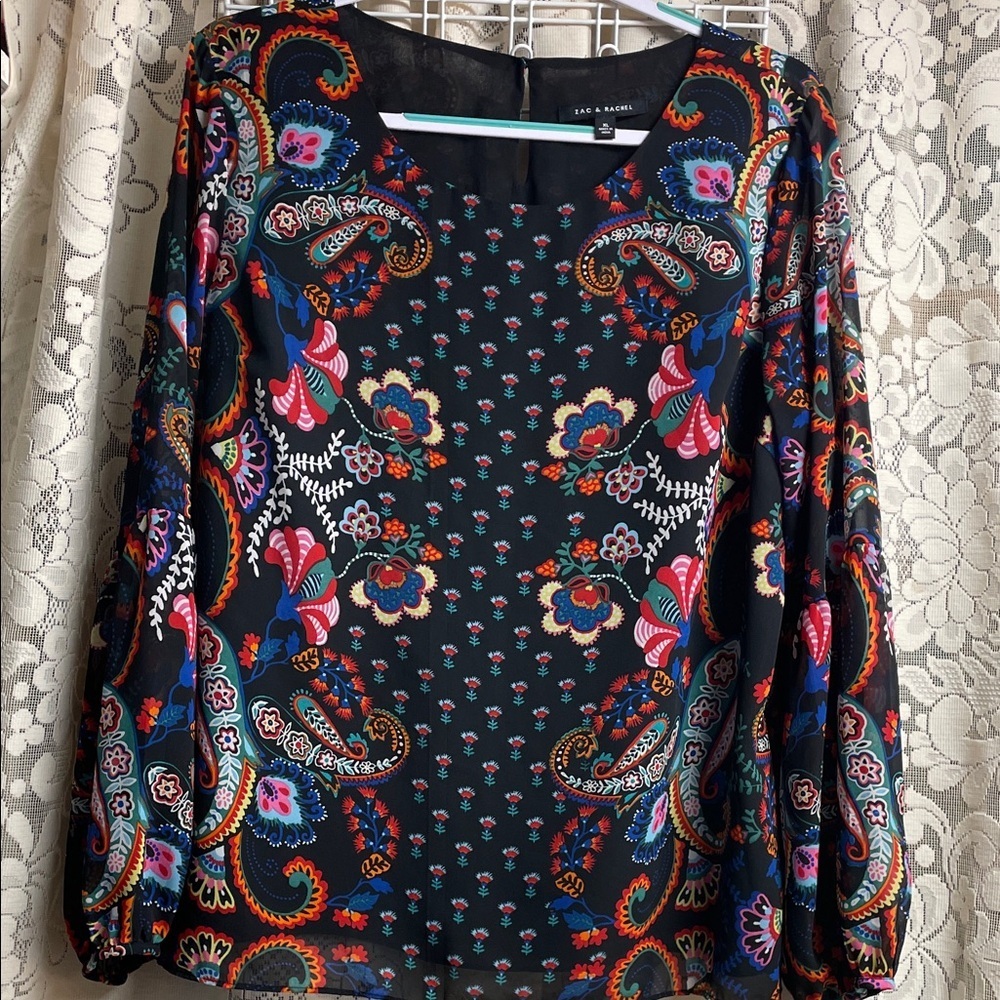 Zac & Rachel Black Multicolor Paisley Blouse XLG